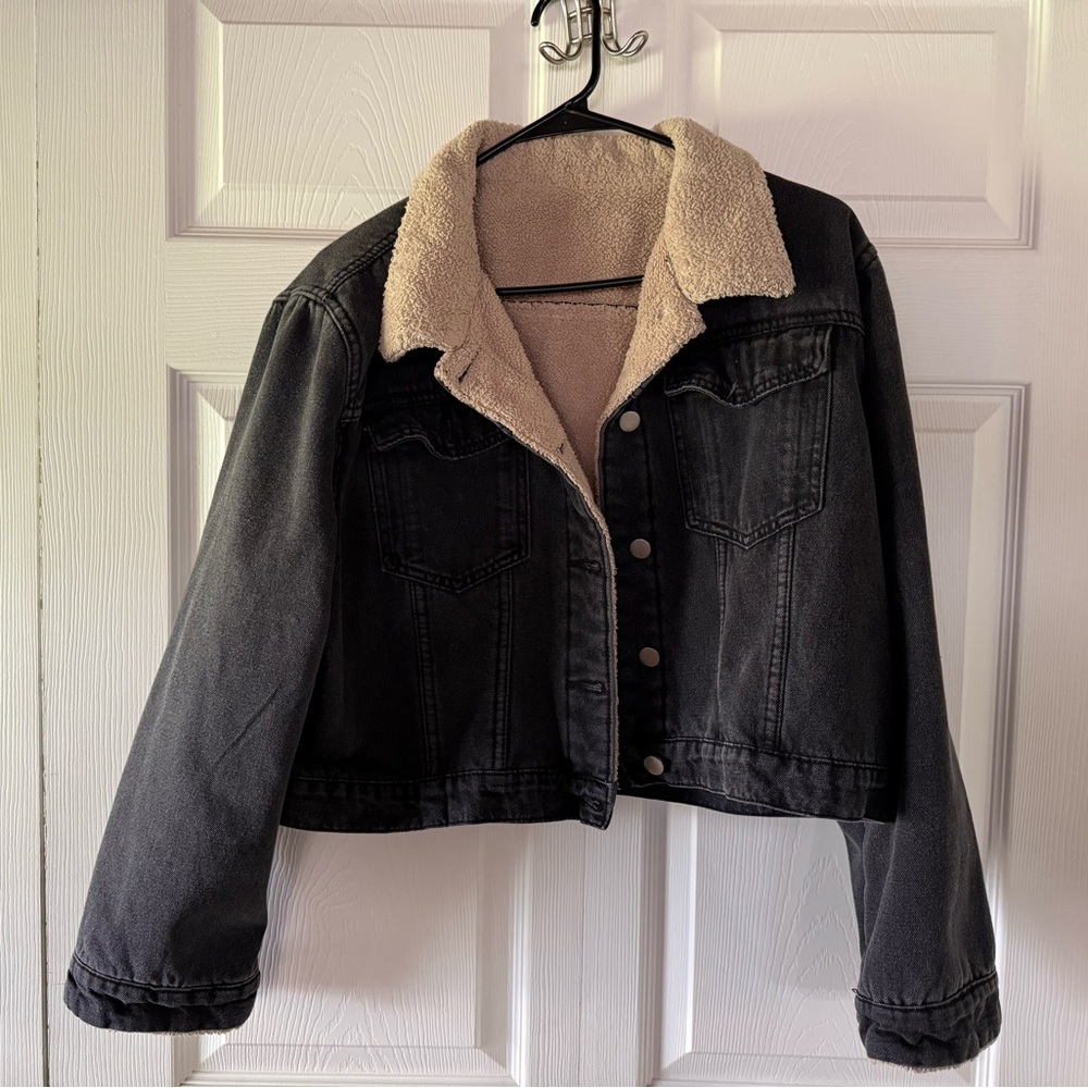 SHEIN Black Denim Jacket with Cream Sherpa Collar